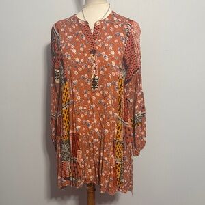 easel Rust Floral Patchwork Long-Sleeve Tiered Dress